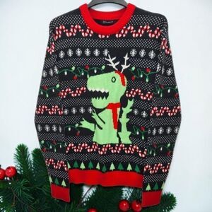 Simplee Christmas Sweater Mens XL Black Red Green Dinosaur Candy Cane Holiday